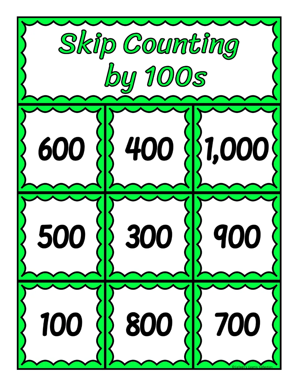 Fourth counting-by-100s bingo board: 600, 400, 1,000, 500, 300, 900, 100, 800, and 700 for matching calling cards