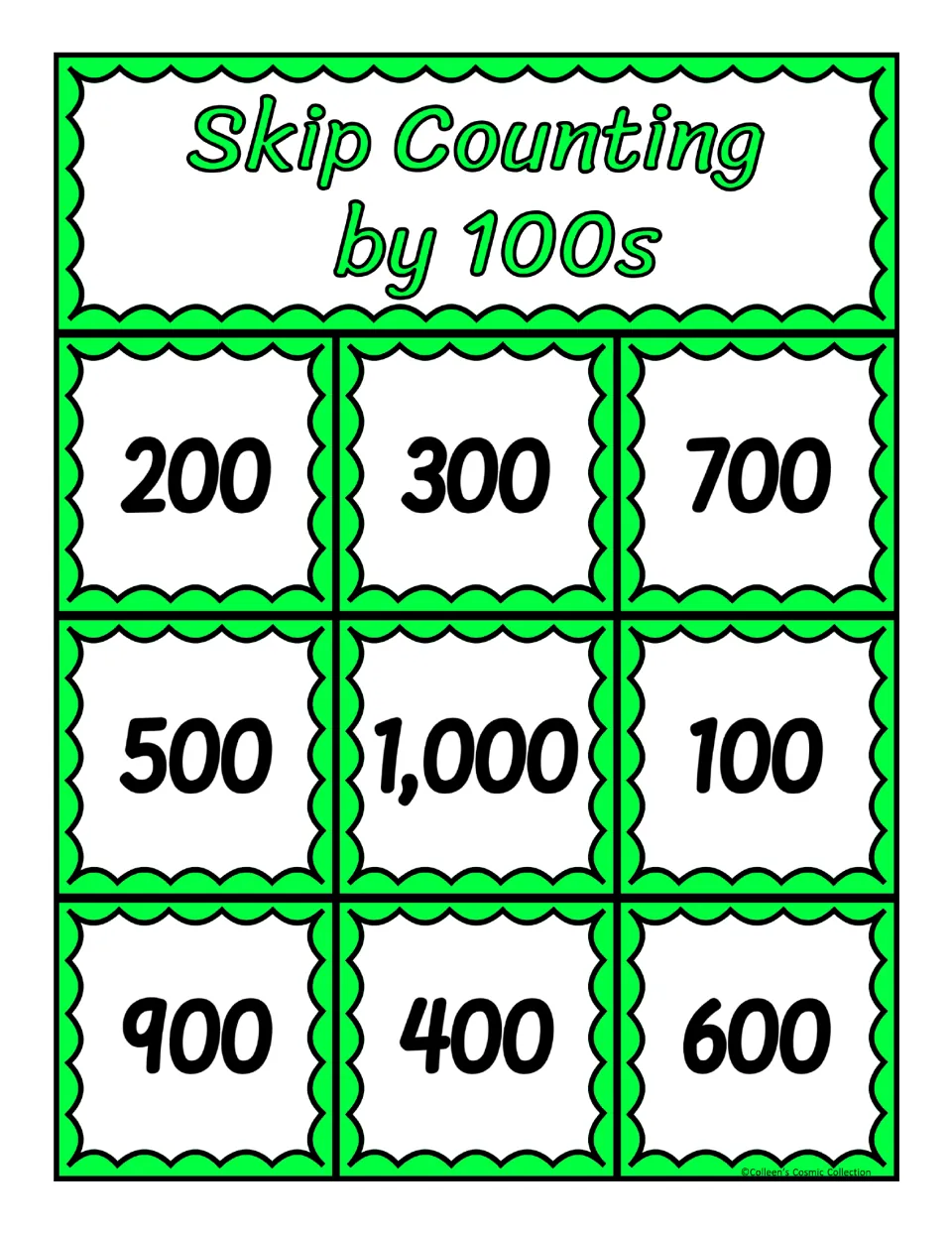 Fifth counting-by-100s bingo board: 200, 300, 700, 500, 1,000, 100, 900, 400, and 600 for matching calling cards