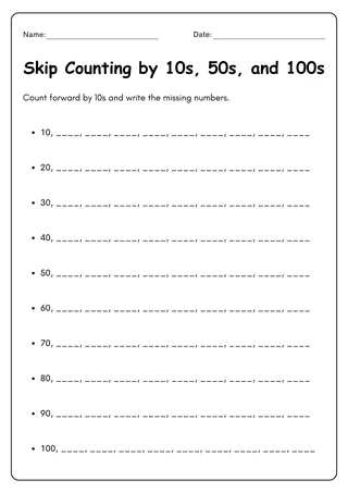 skip counting by 10s 50s and 100s worksheets – sample page 2