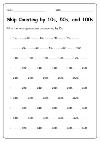 skip counting by 10s 50s and 100s worksheets – sample page 3