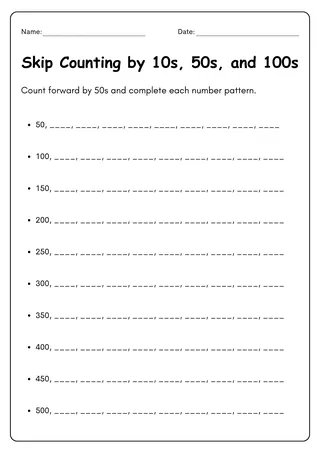 skip counting by 10s 50s and 100s worksheets – sample page 4