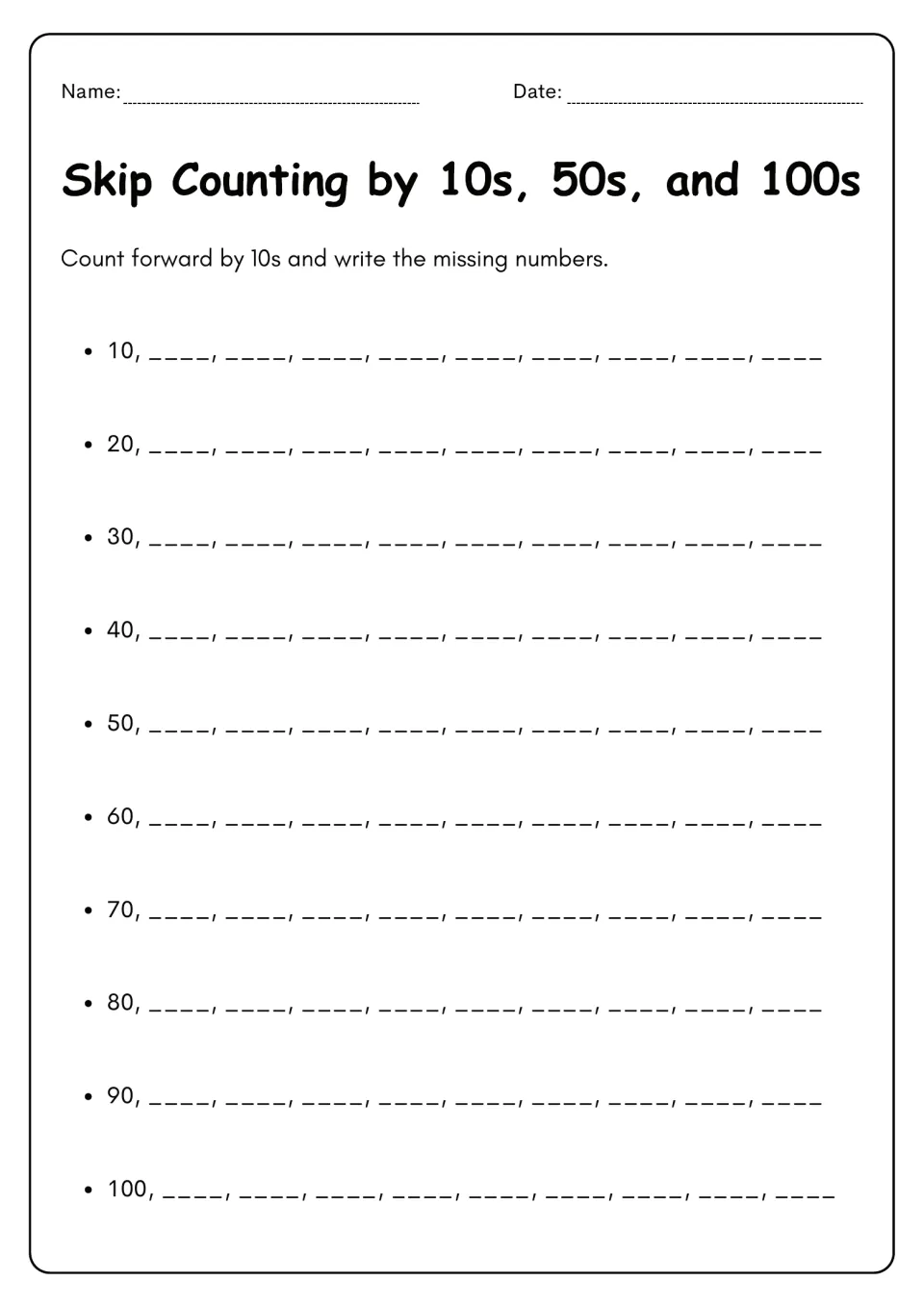 Counting on by tens: students write nine missing numbers after each start from 10 to 100, extending ten patterns by 10s