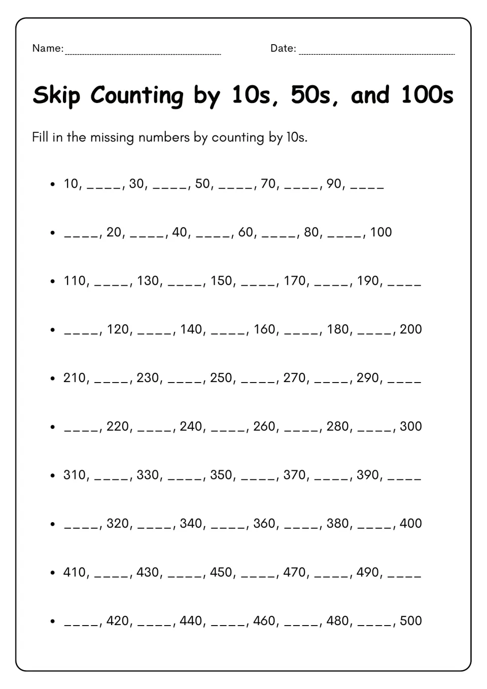 Missing numbers by 10s from 10 to 500: students fill every other blank in alternating rows of tens sequences