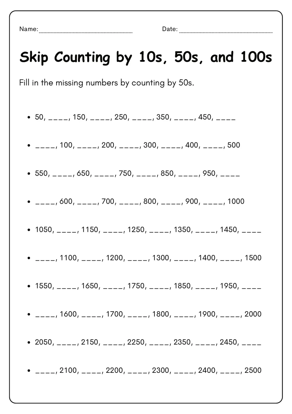 Fifties sequences from 50 to 2500: students supply alternate missing values in rows such as 550, __, 650, __, 750