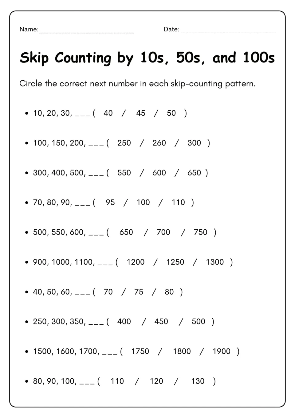 Next number multiple choice: students circle one of three options to continue each pattern, such as 250, 300, 350