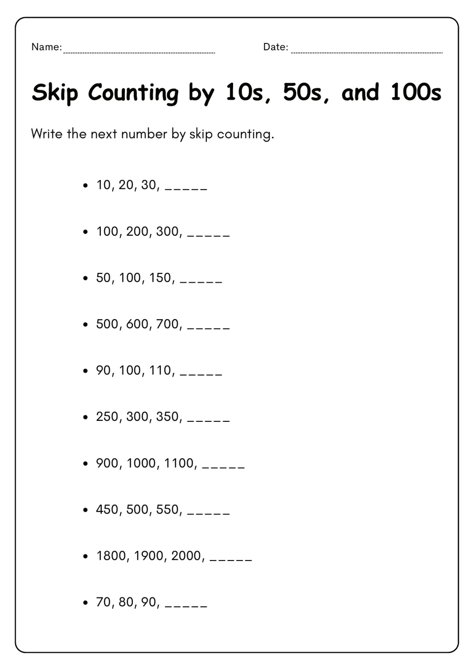Mixed step patterns: students write the fourth number in ten sequences stepping by 10, 50 or 100, e.g. 450, 500, 550