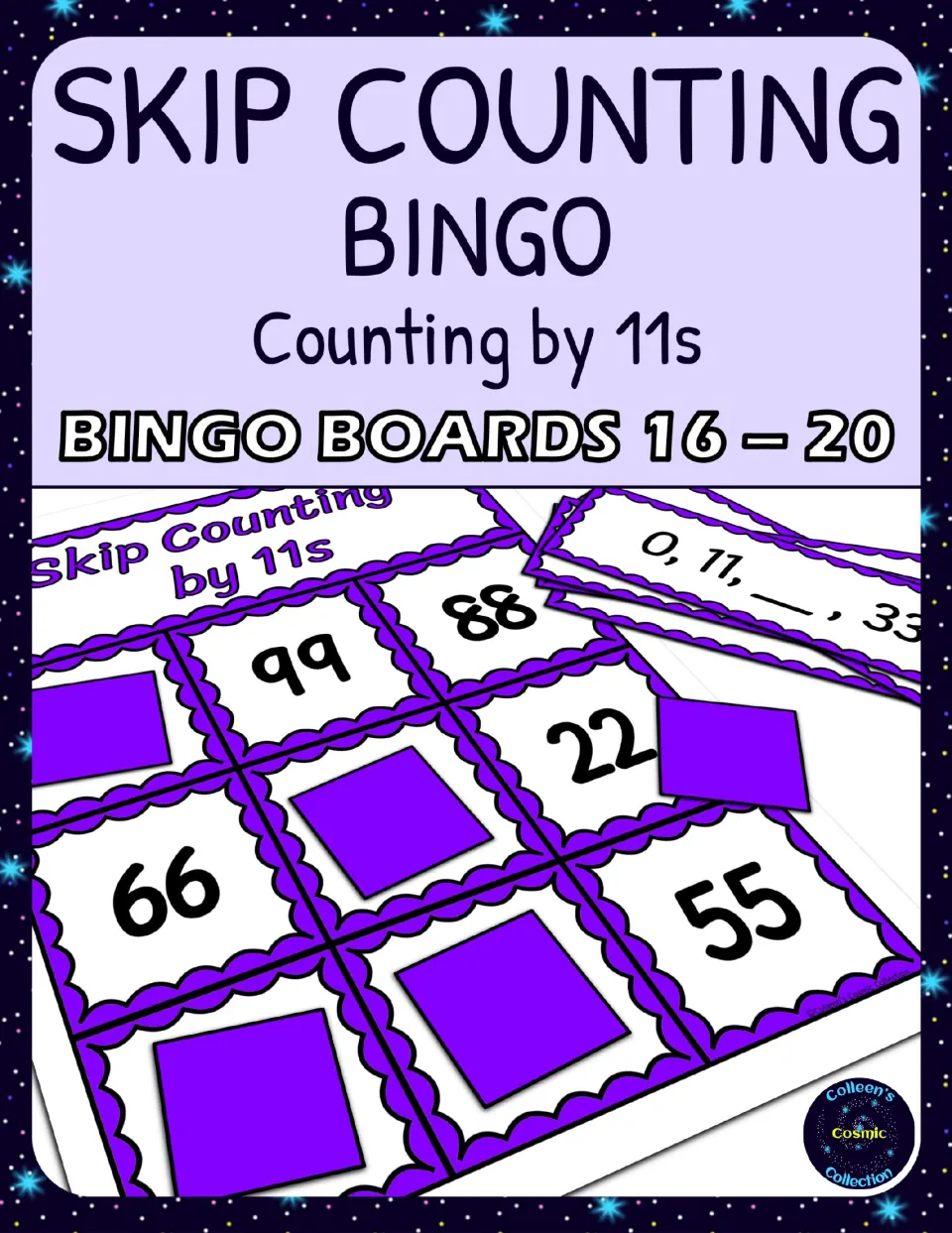 Cover for Skip Counting Bingo, Counting by 11s, boards 16 to 20, showing a board of multiples of 11 and a calling card
