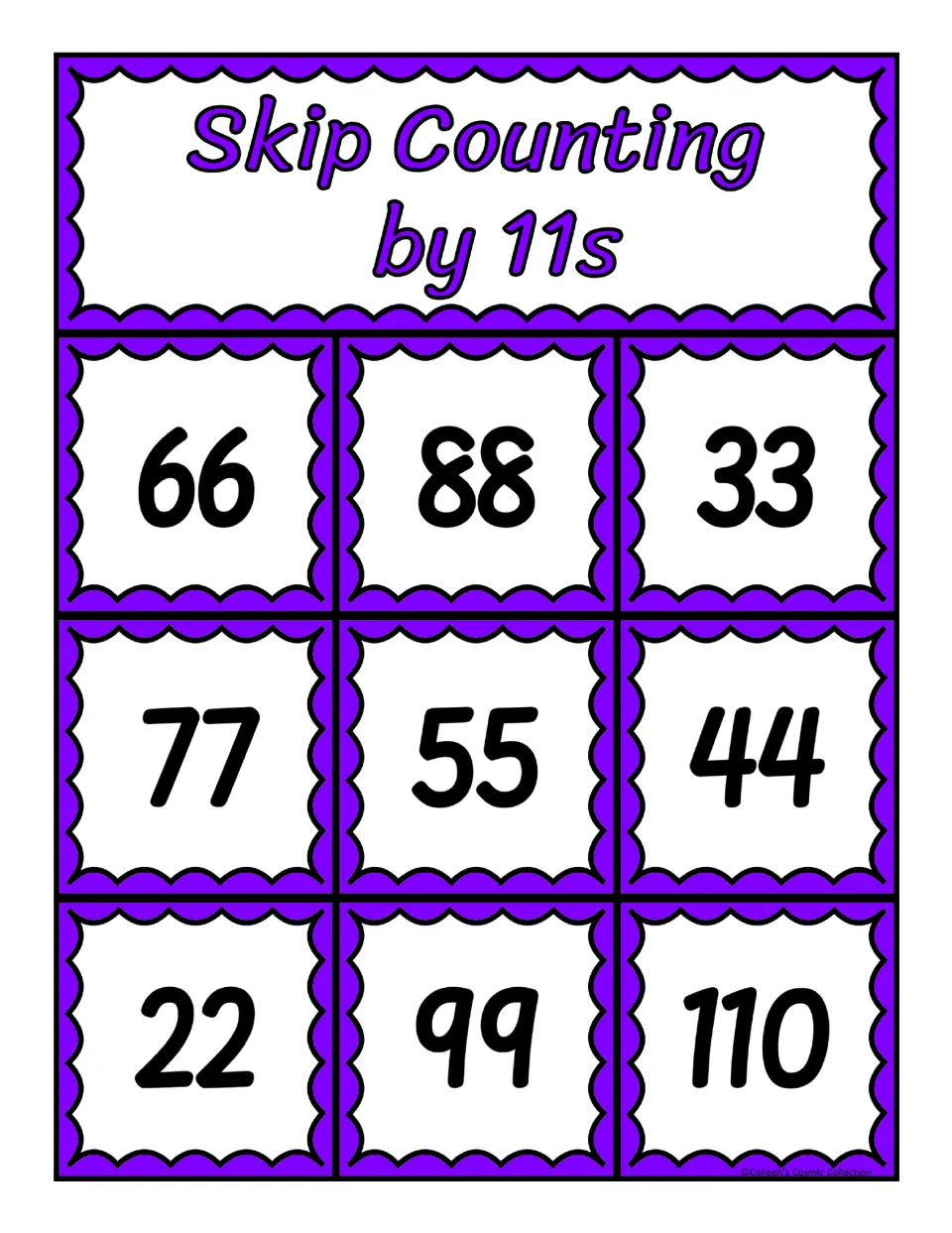 Counting by 11s bingo board: students cover 66, 88, 33, 77, 55, 44, 22, 99 or 110 when it completes a called sequence