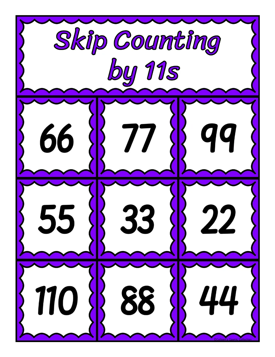 Skip counting bingo card in 11s: students cover 66, 77, 99, 55, 33, 22, 110, 88 or 44 to get three in a row