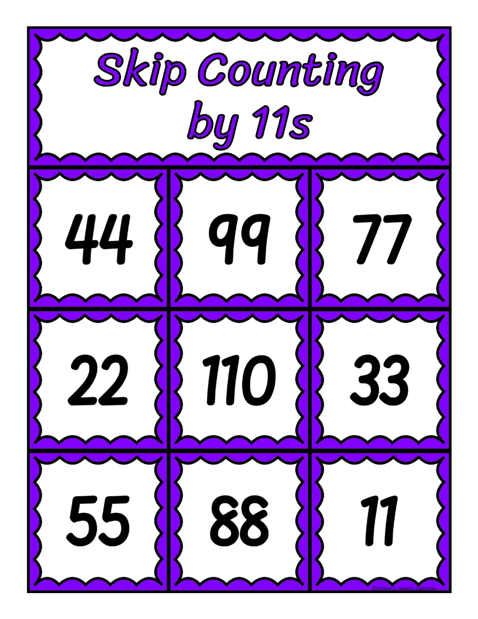 Board of multiples of 11 for bingo: players match 44, 99, 77, 22, 110, 33, 55, 88 or 11 to the missing number called