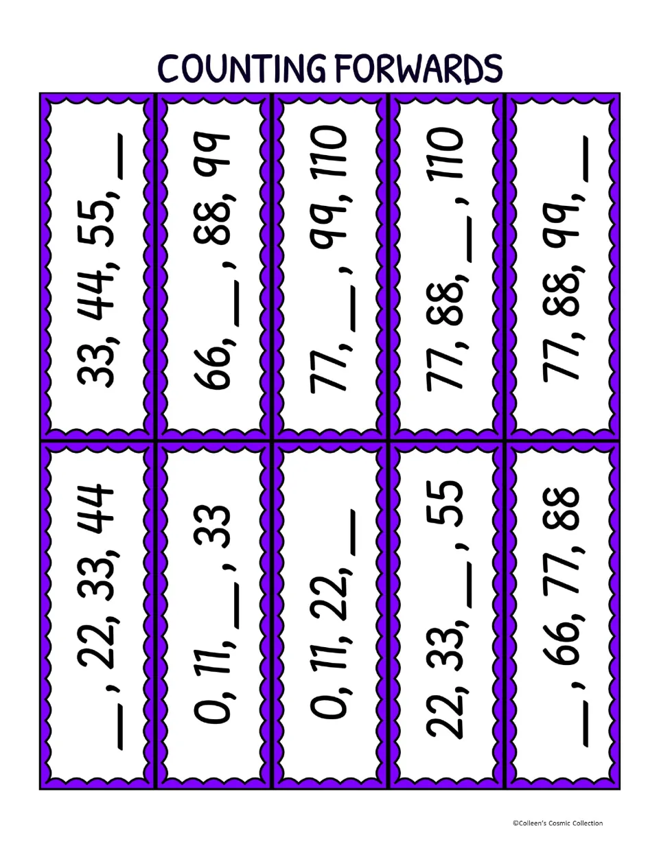 Counting forwards calling cards: ten sequences by 11s up to 110, such as 0, 11, __, 33, with one number missing to call