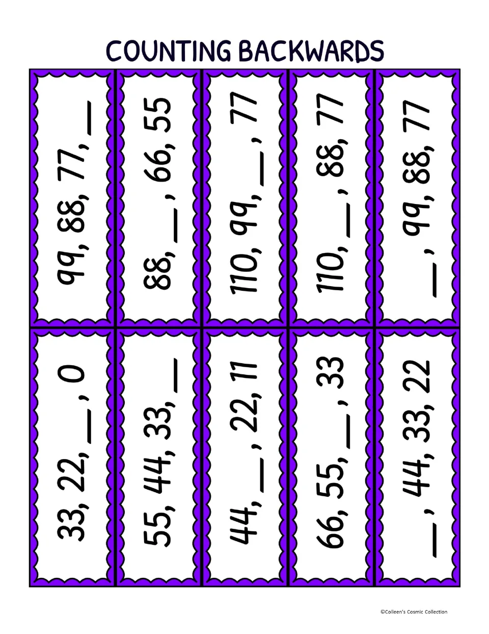 Counting backwards calling cards: ten sequences down by 11s, such as 33, 22, __, 0, each with one blank number to find