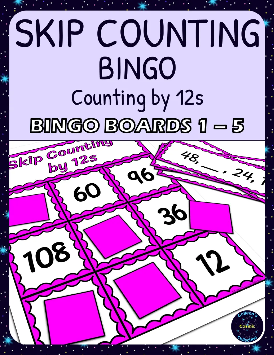 Cover of Skip Counting by 12s Bingo, boards 1–5, showing a sample board, markers, and calling cards