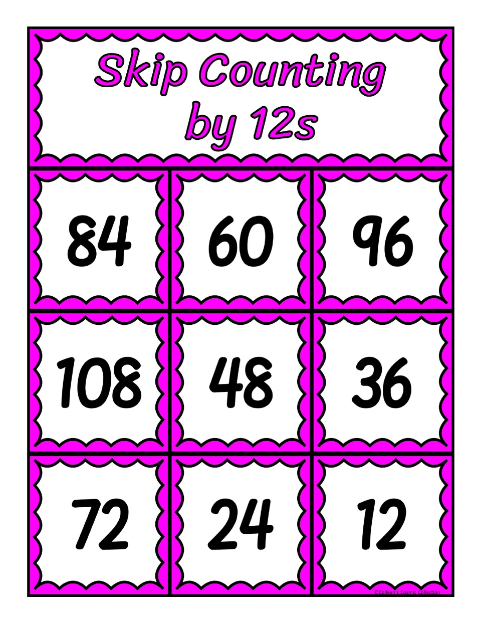 Bingo board 1 of 5 for counting by 12s, featuring the numbers 84, 60, 96, 108, 48, 36, 72, 24, and 12