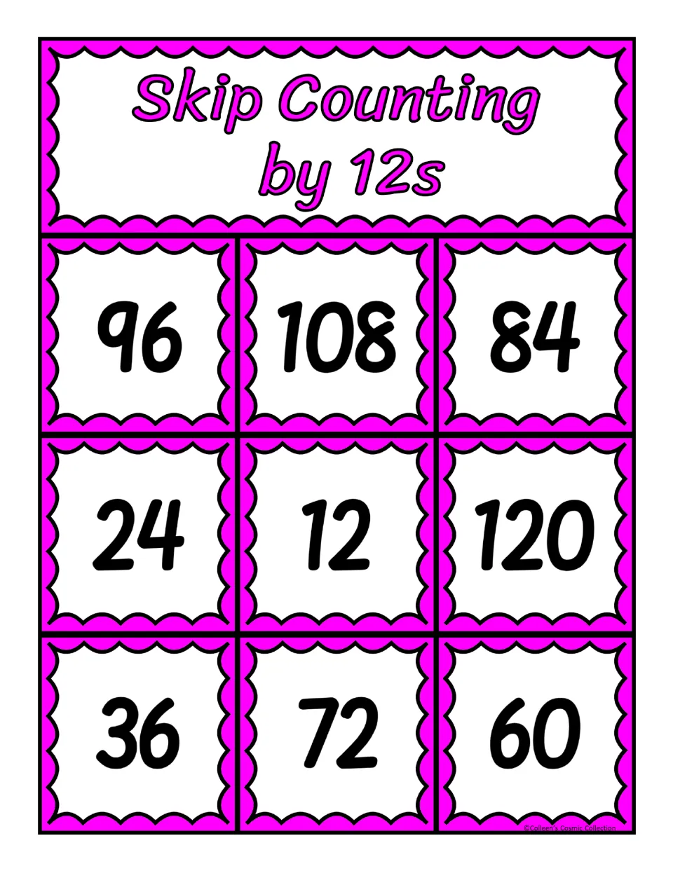 Bingo board 2 of 5 for counting by 12s, featuring the numbers 96, 108, 84, 24, 12, 120, 36, 72, and 60