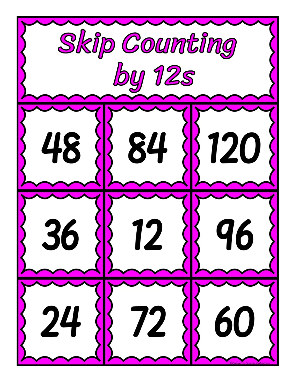Bingo board 3 of 5 for counting by 12s, featuring the numbers 48, 84, 120, 36, 12, 96, 24, 72, and 60