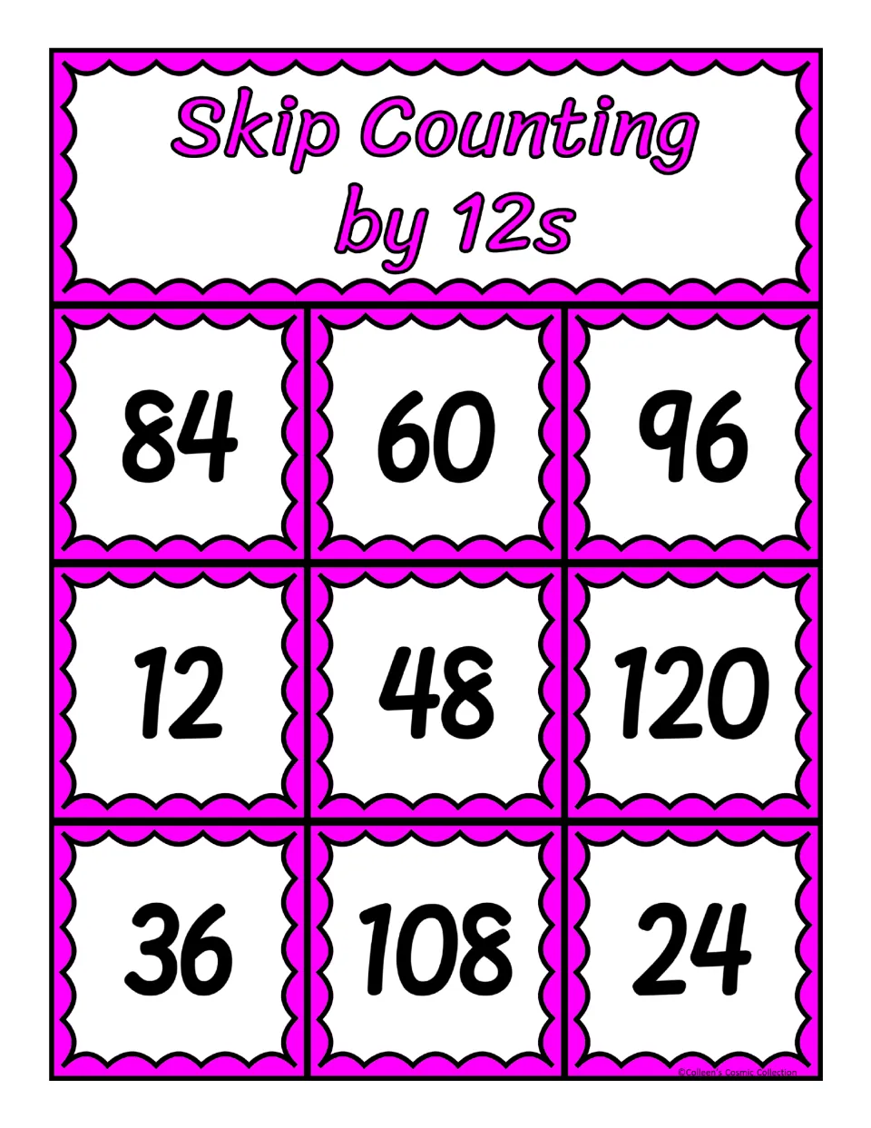 Bingo board 4 of 5 for counting by 12s, featuring the numbers 84, 60, 96, 12, 48, 120, 36, 108, and 24