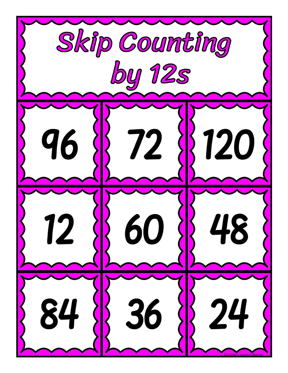 Bingo board 5 of 5 for counting by 12s, featuring the numbers 96, 72, 120, 12, 60, 48, 84, 36, and 24