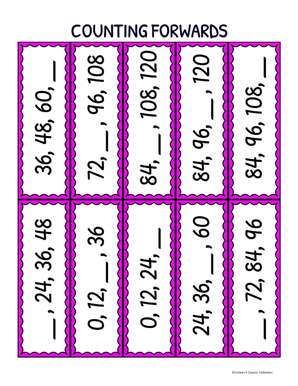 Ten forward-counting bingo calling cards with missing multiples of 12, including “0, 12, __, 36”
