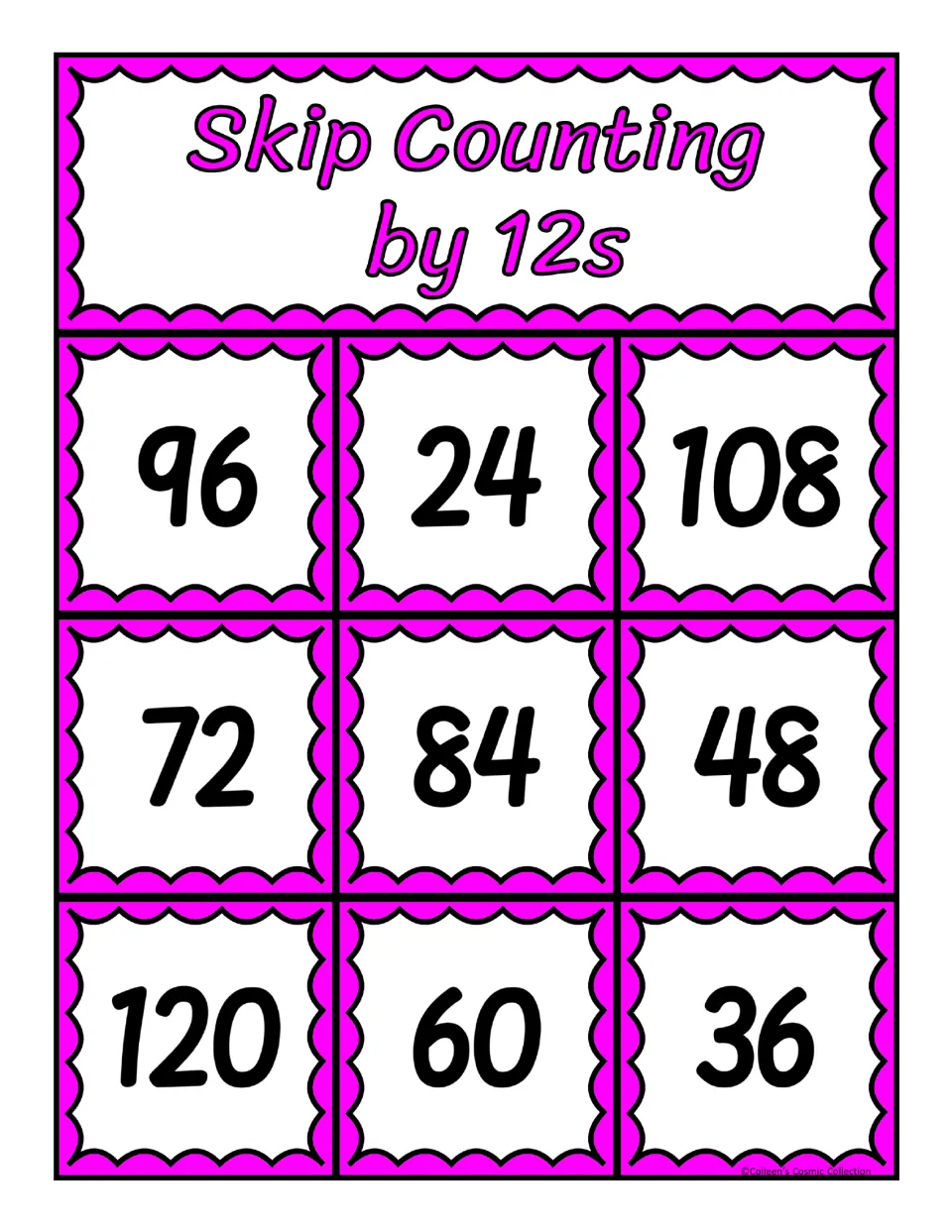 First skip-counting-by-12s bingo board contains the numbers 96, 24, 108, 72, 84, 48, 120, 60 and 36.