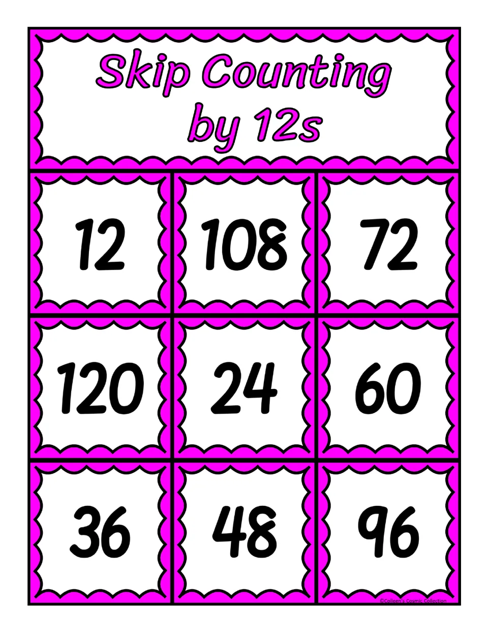 Second skip-counting-by-12s bingo board contains the numbers 12, 108, 72, 120, 24, 60, 36, 48 and 96.