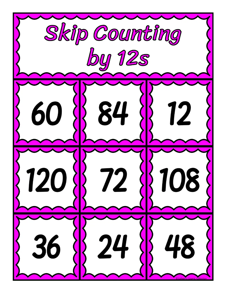 Third skip-counting-by-12s bingo board contains the numbers 60, 84, 12, 120, 72, 108, 36, 24 and 48.