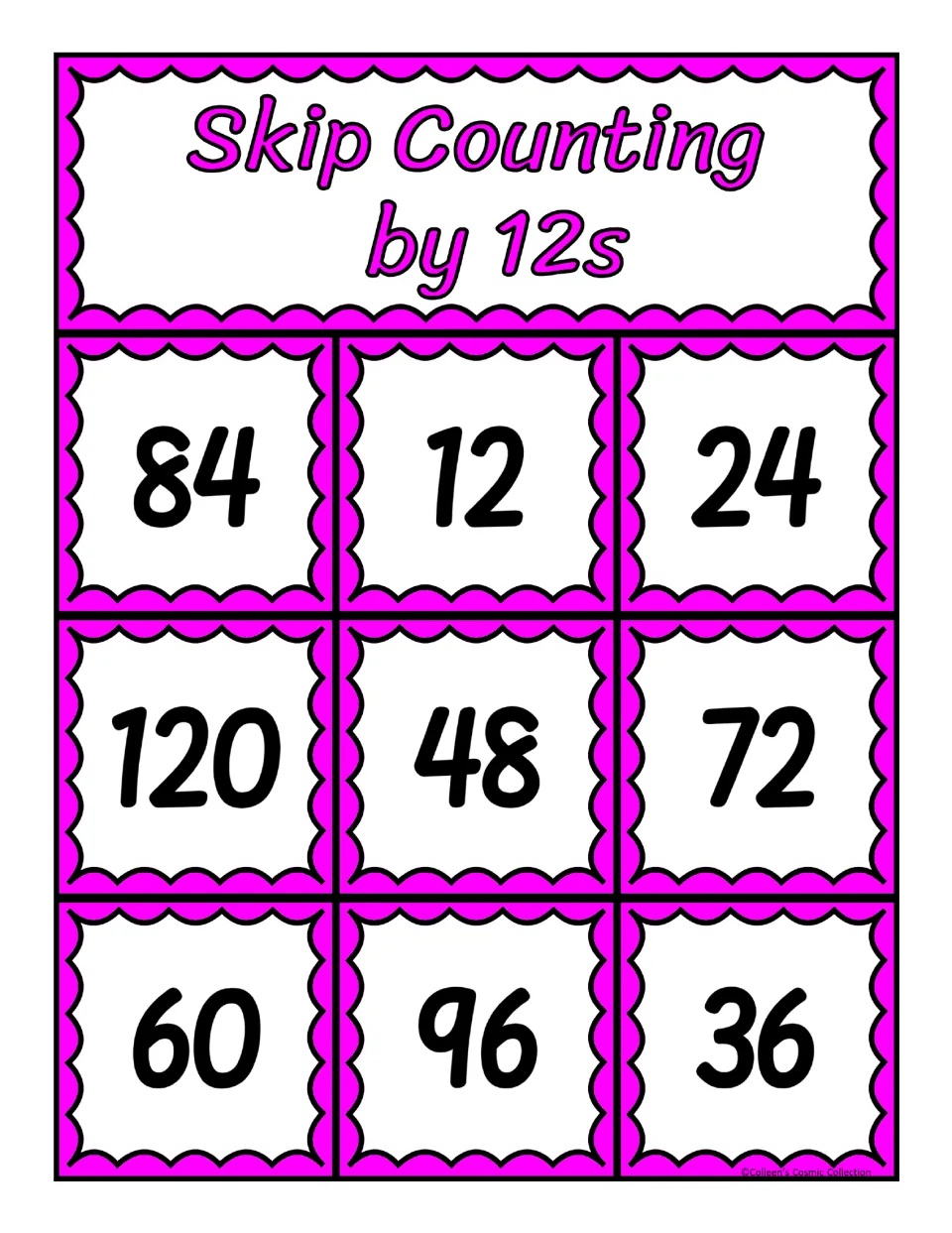 Fourth skip-counting-by-12s bingo board contains the numbers 84, 12, 24, 120, 48, 72, 60, 96 and 36.