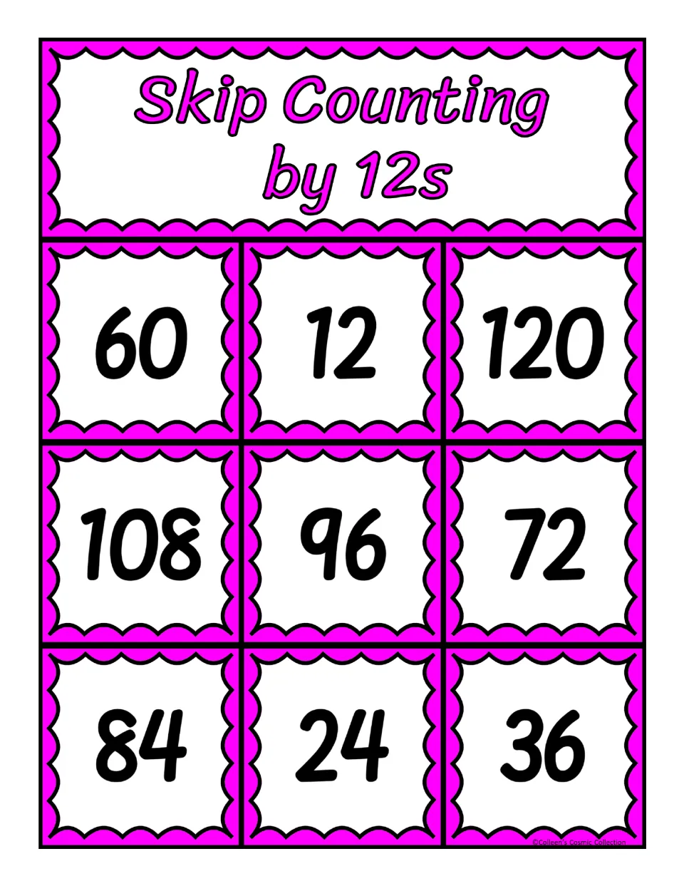 Fifth skip-counting-by-12s bingo board contains the numbers 60, 12, 120, 108, 96, 72, 84, 24 and 36.
