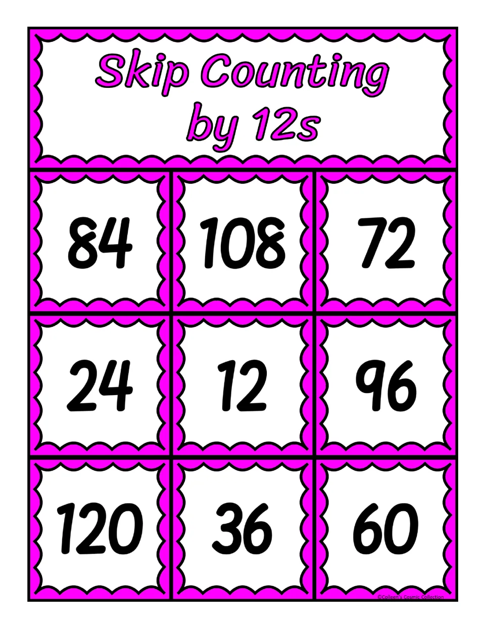First counting-by-12s bingo board, featuring the numbers 84, 108, 72, 24, 12, 96, 120, 36, and 60