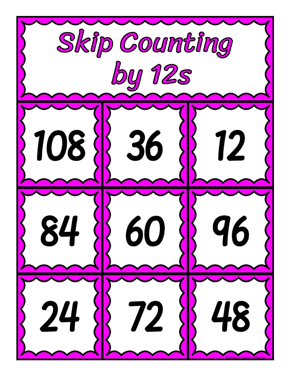 Second counting-by-12s bingo board, featuring the numbers 108, 36, 12, 84, 60, 96, 24, 72, and 48