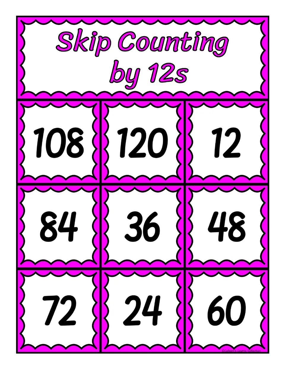 Third counting-by-12s bingo board, featuring the numbers 108, 120, 12, 84, 36, 48, 72, 24, and 60