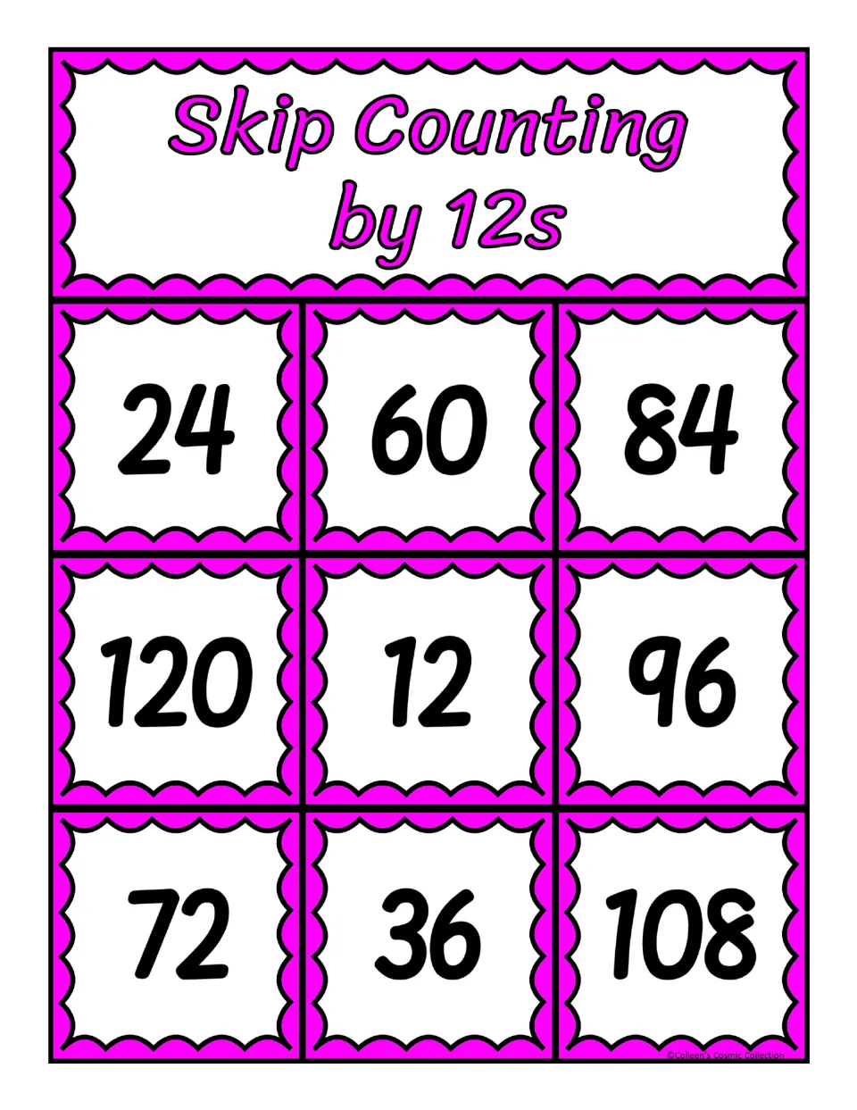 Fourth counting-by-12s bingo board, featuring the numbers 24, 60, 84, 120, 12, 96, 72, 36, and 108