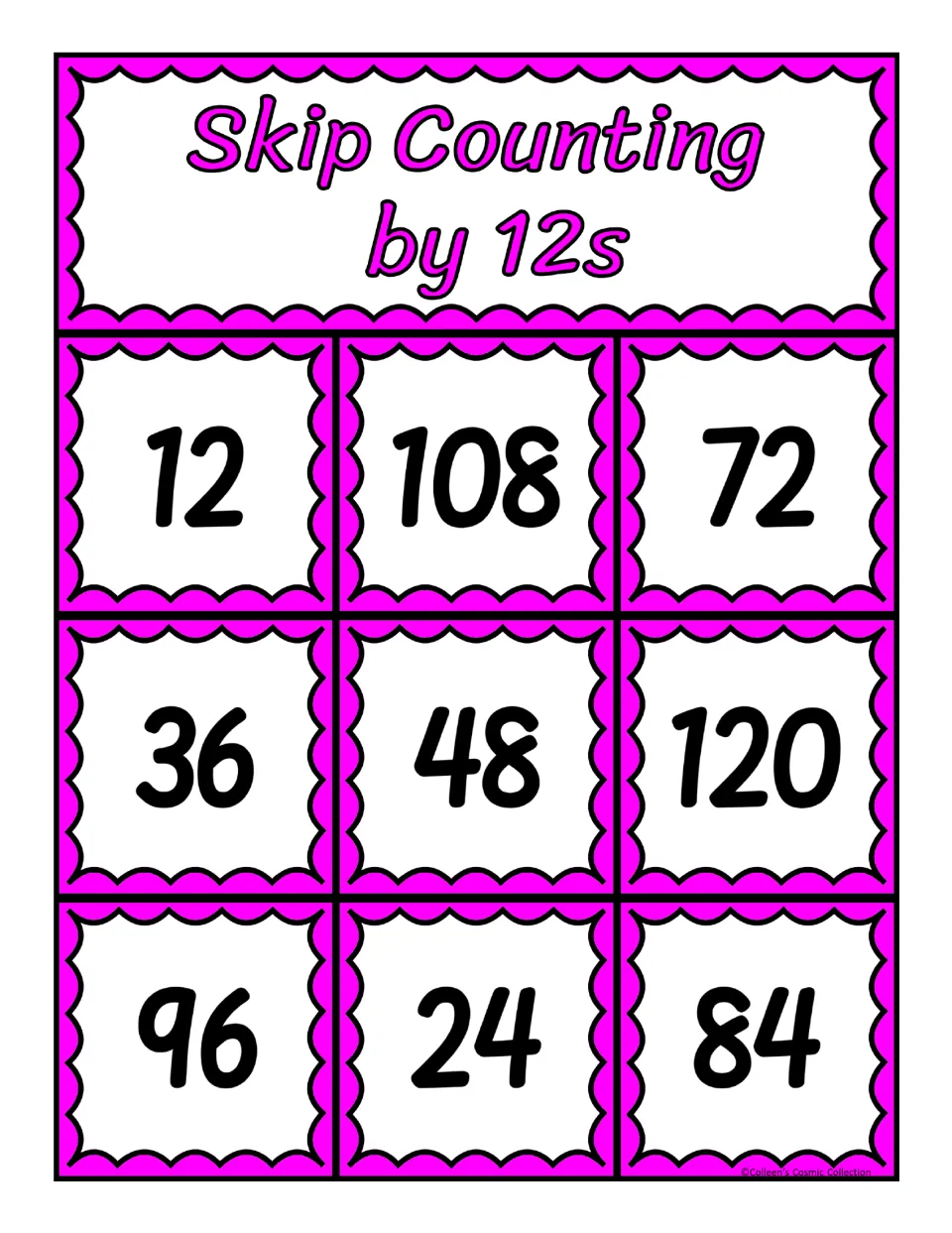 Fifth counting-by-12s bingo board, featuring the numbers 12, 108, 72, 36, 48, 120, 96, 24, and 84