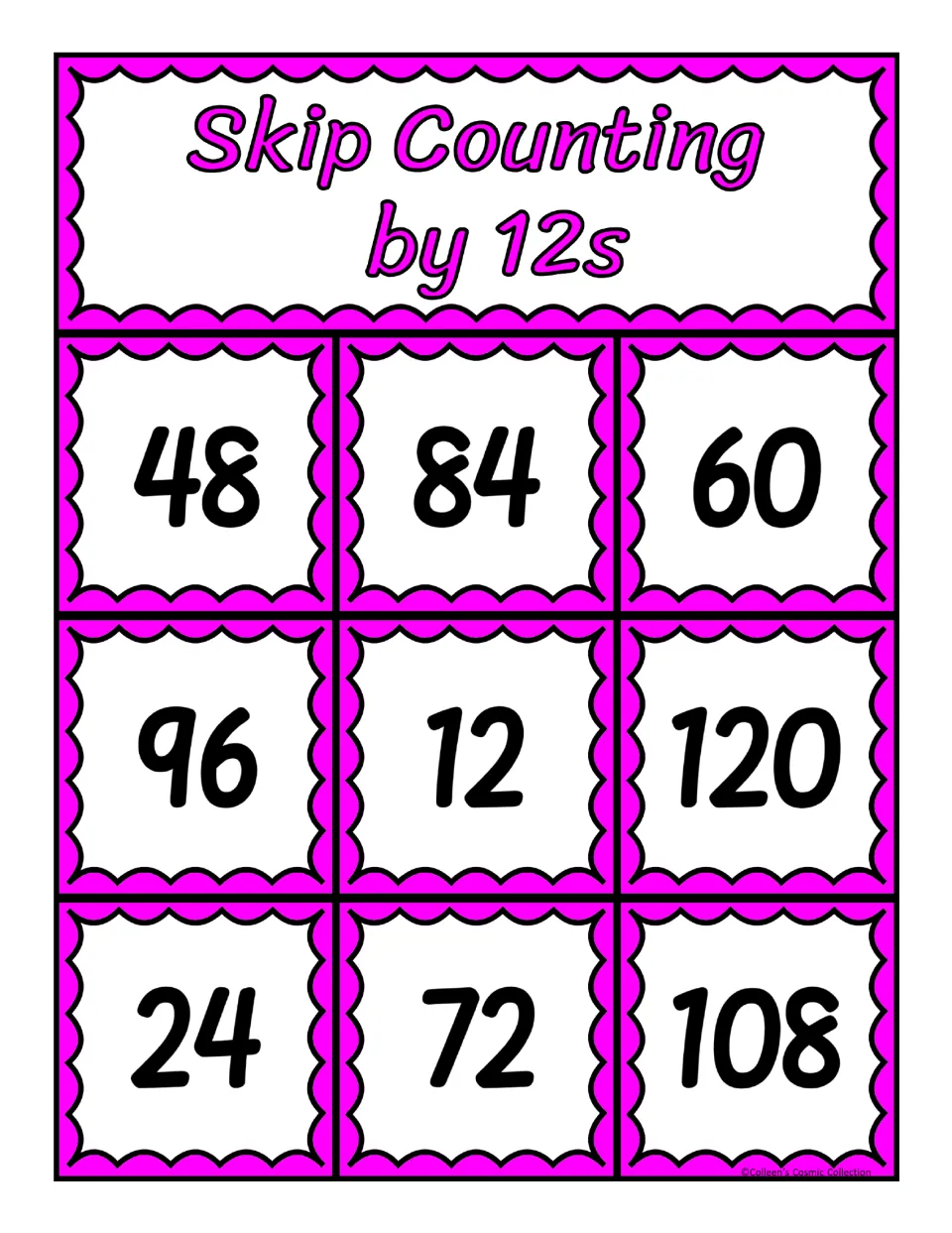 Skip counting by 12s board: nine multiples of 12 in the order 48, 84, 60, 96, 12, 120, 24, 72, 108 for students to cover