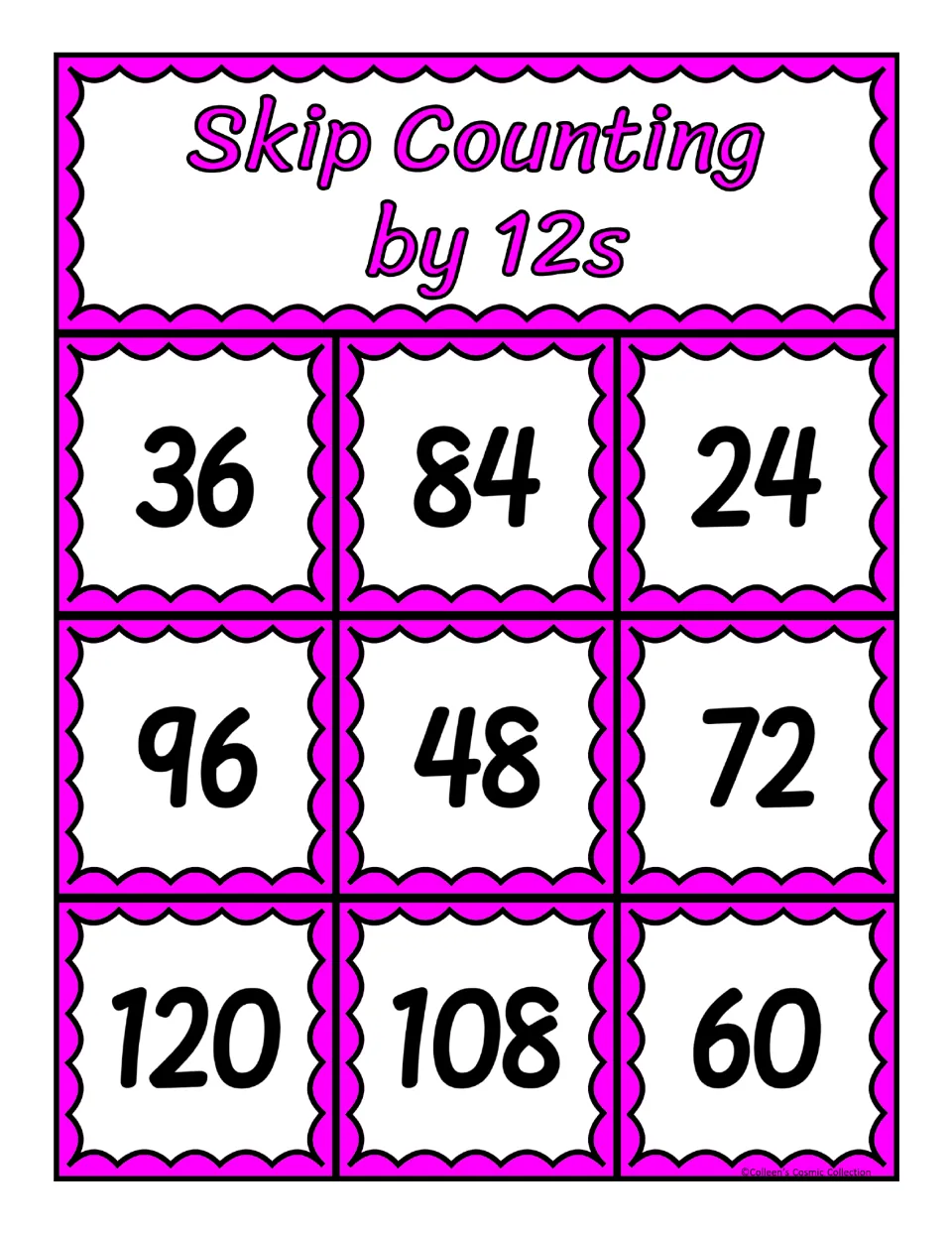 Counting by 12s bingo board with 36, 84, 24, 96, 48, 72, 120, 108 and 60; students mark matches to get three in a row