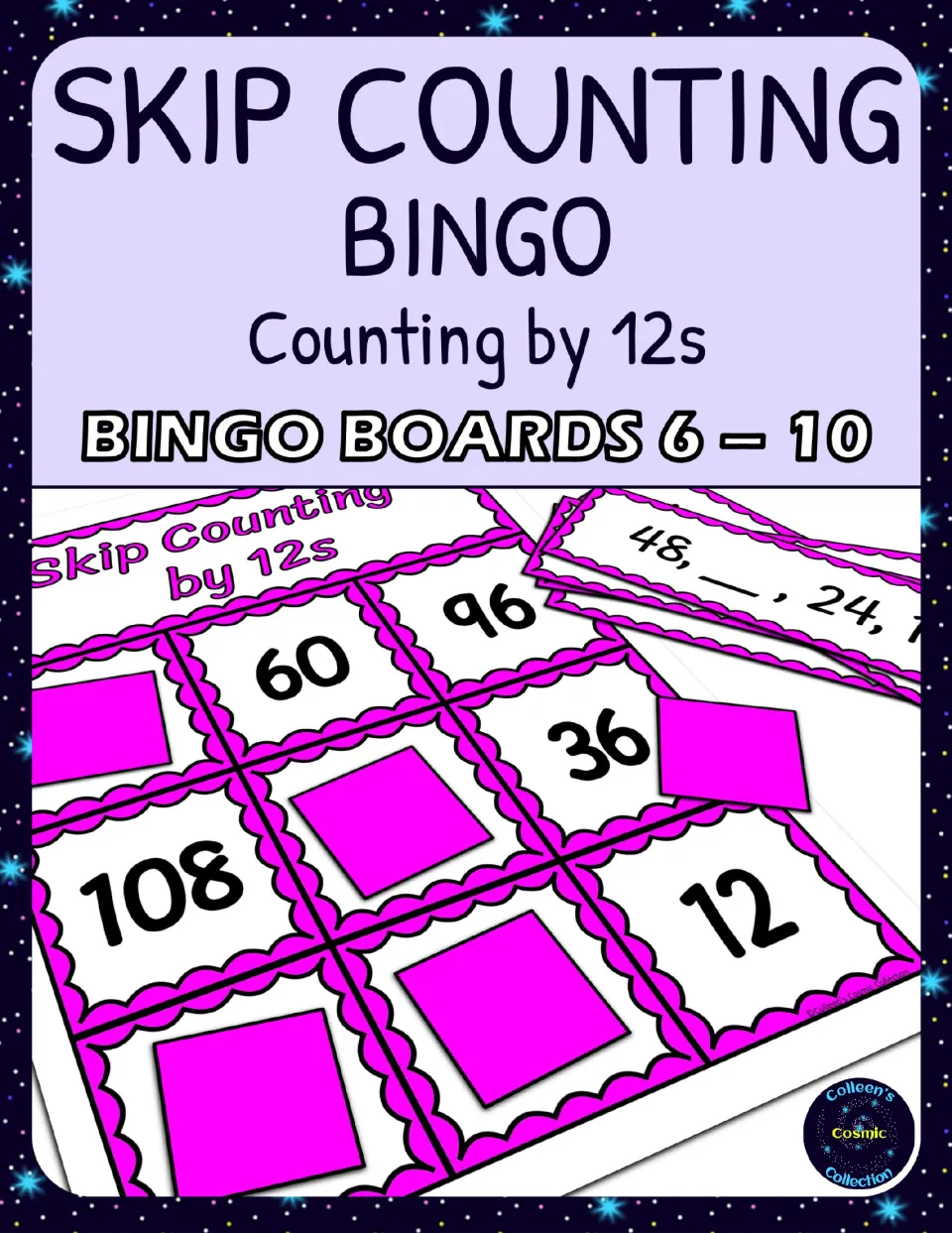 Cover for Skip Counting Bingo, counting by 12s, bingo boards 6 to 10, showing a 3x3 board of multiples and a calling card