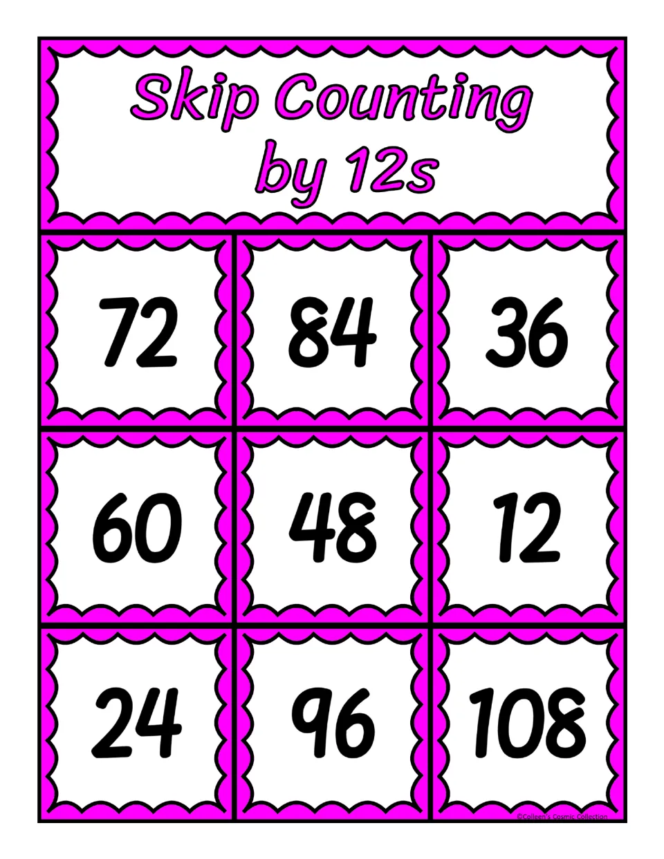 Board 6 for counting by 12s: students cover 72, 84, 36, 60, 48, 12, 24, 96 and 108 as matching calling cards are drawn