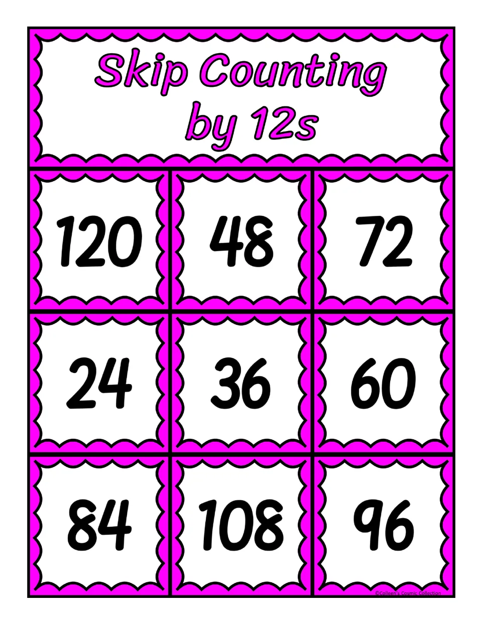 Board 7 for counting by 12s: players mark 120, 48, 72, 24, 36, 60, 84, 108 and 96 when a card's missing number matches