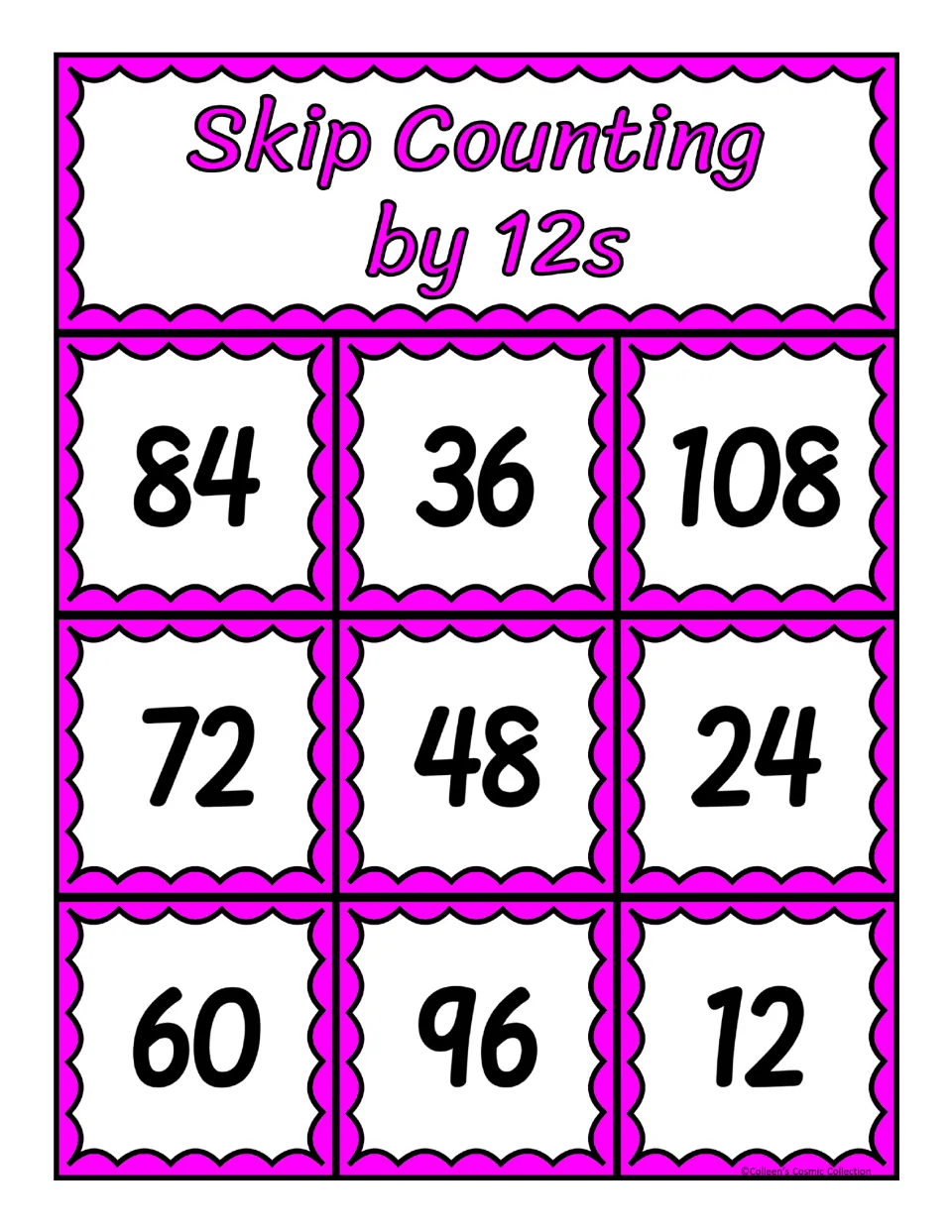 Board 9 of the 12s game, multiples of 12: 84, 36, 108, 72, 48, 24, 60, 96 and 12 to cover as each missing number is called