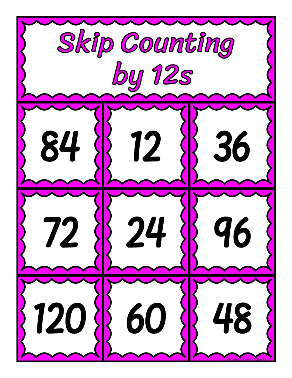 Board 10 with multiples of 12: 84, 12, 36, 72, 24, 96, 120, 60 and 48, which students cover to practise counting by twelves