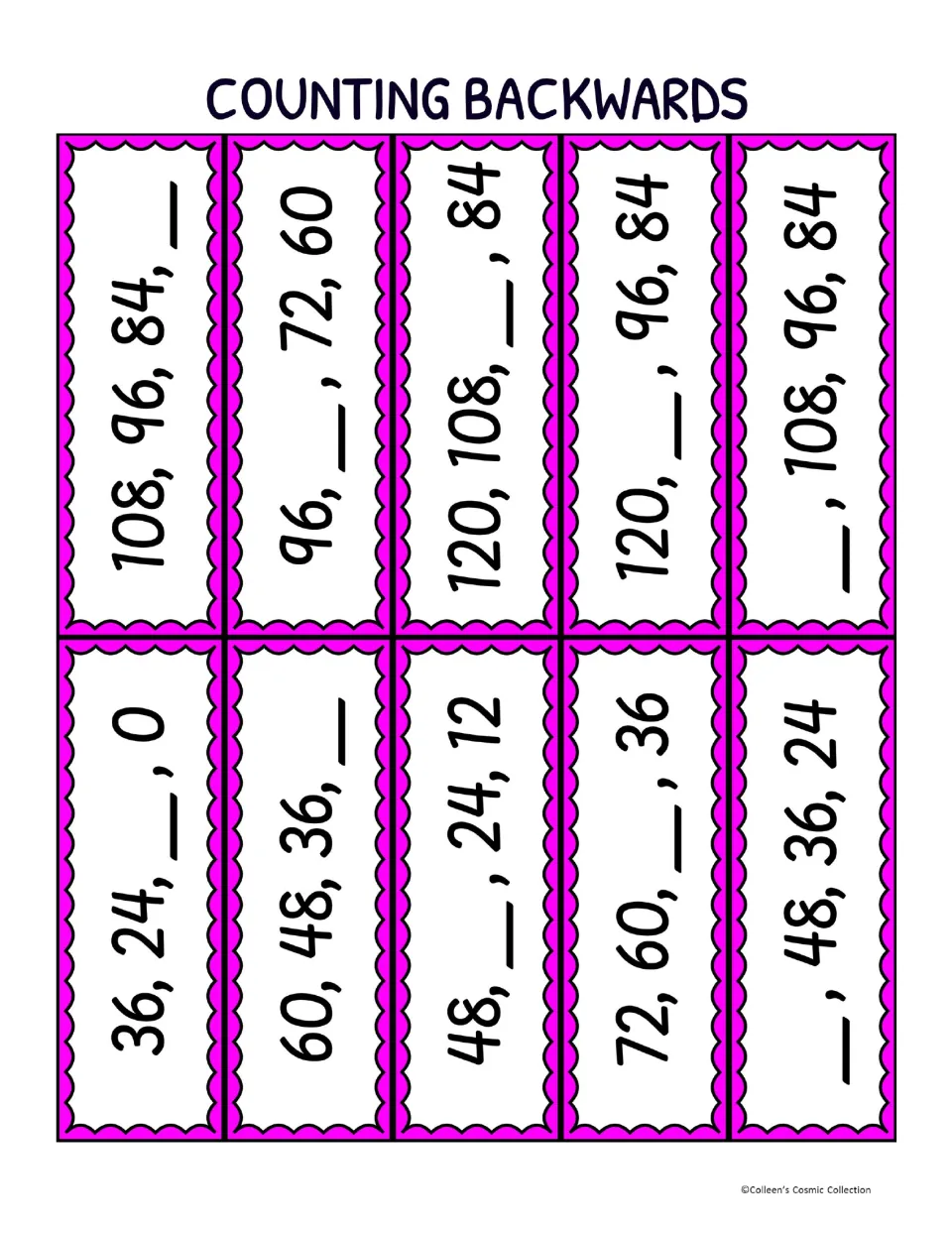 Counting backwards calling cards: 10 sequences by 12s, like 108, 96, 84, __ and 36, 24, __, 0, each missing a number