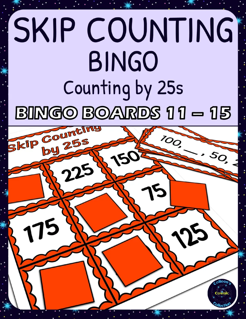 Cover of Skip Counting by 25s Bingo - Boards 11–15, showing a sample board, markers, and calling cards