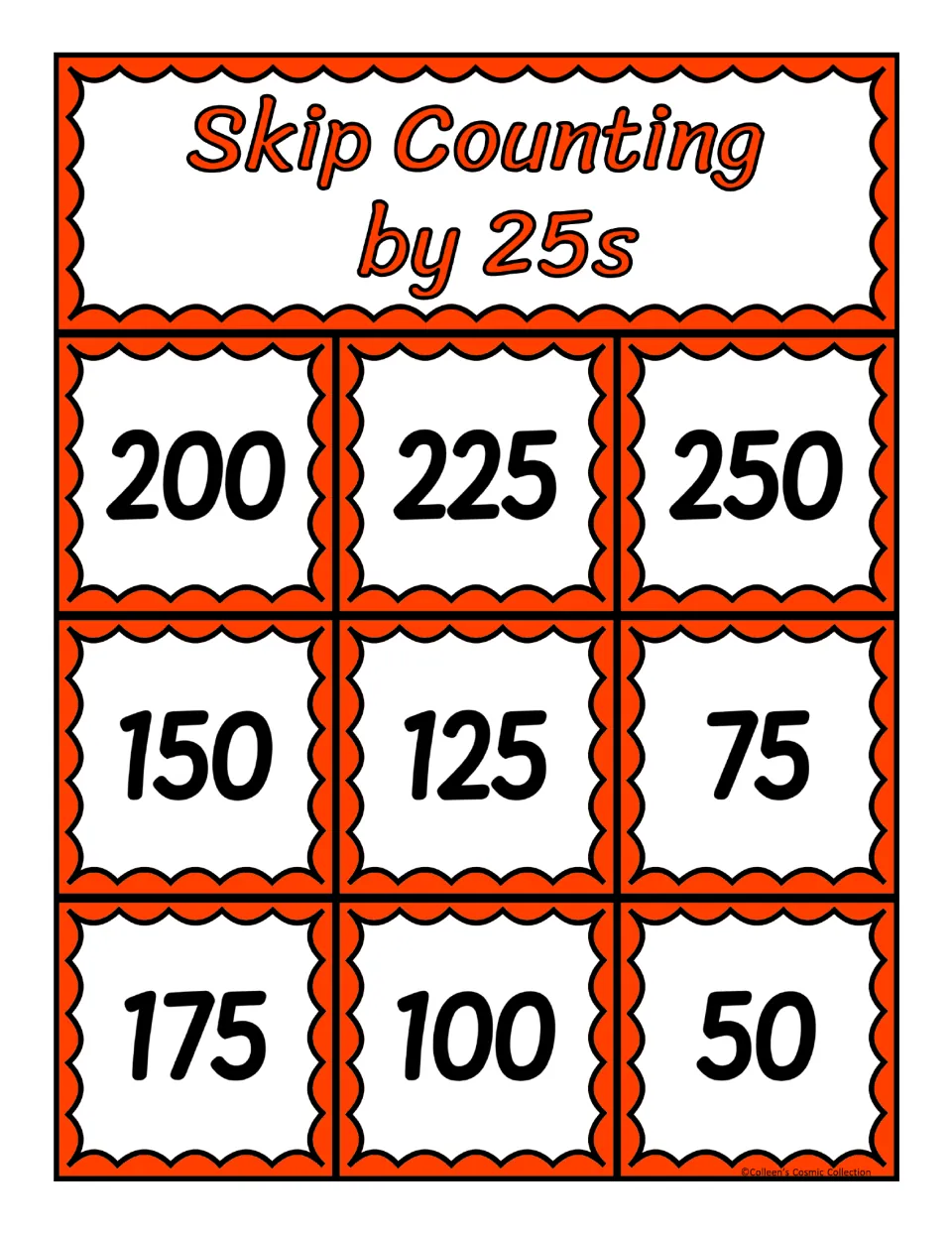 First bingo board for counting by 25s, containing 200, 225, 250, 150, 125, 75, 175, 100, and 50
