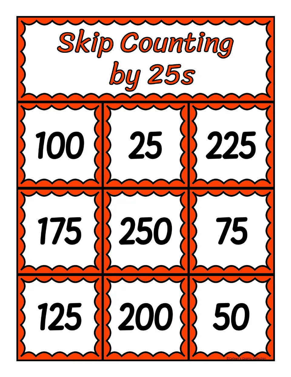Third bingo board for counting by 25s, containing 100, 25, 225, 175, 250, 75, 125, 200, and 50