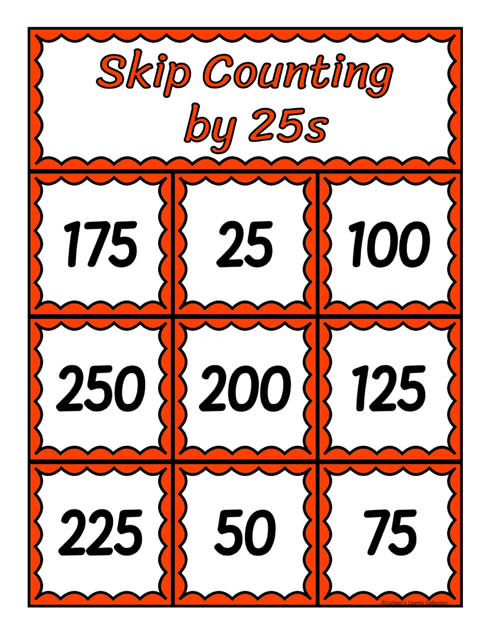 Fourth bingo board for counting by 25s, containing 175, 25, 100, 250, 200, 125, 225, 50, and 75