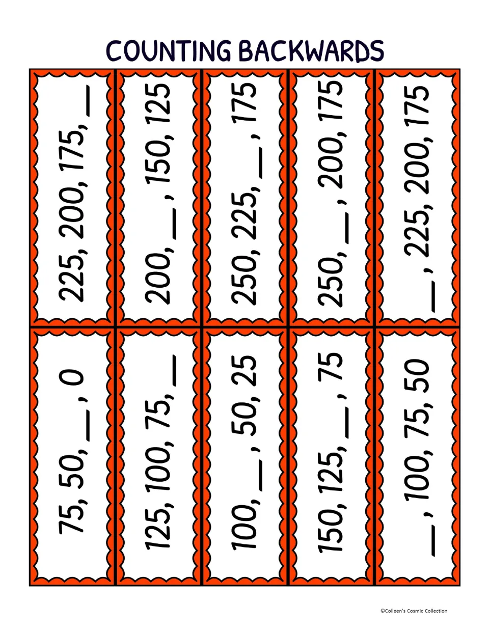 Ten backward-counting bingo calling cards with missing multiples of 25, including “225, 200, 175, __”