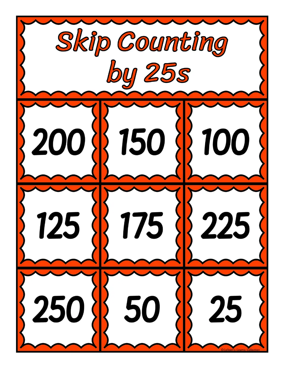 First bingo board for counting by 25s, featuring the numbers 200, 150, 100, 125, 175, 225, 250, 50, and 25