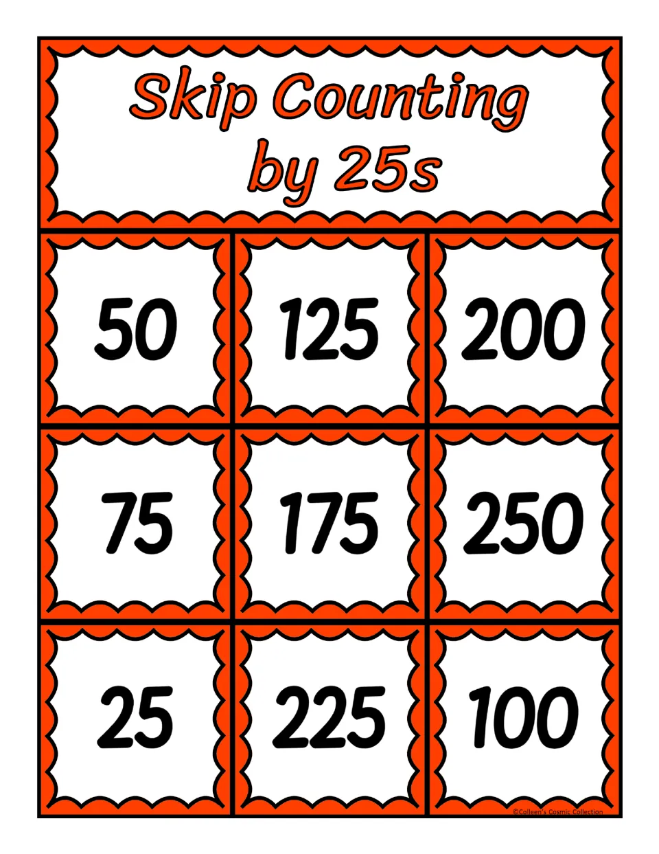 Second bingo board for counting by 25s, featuring the numbers 50, 125, 200, 75, 175, 250, 25, 225, and 100