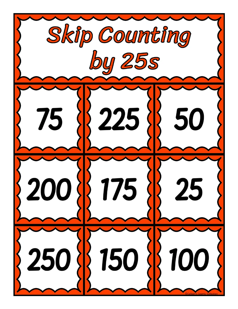 Third bingo board for counting by 25s, featuring the numbers 75, 225, 50, 200, 175, 25, 250, 150, and 100