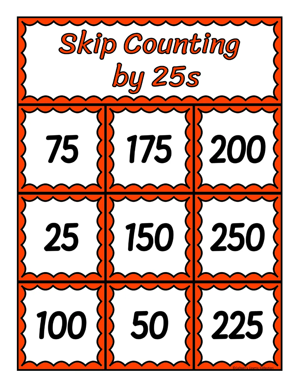 Fourth bingo board for counting by 25s, featuring the numbers 75, 175, 200, 25, 150, 250, 100, 50, and 225